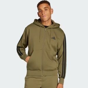 Adidas ESSENTIALS 3-STRIPES FLEECE HOODIE, Olive Stata / Black, Medium